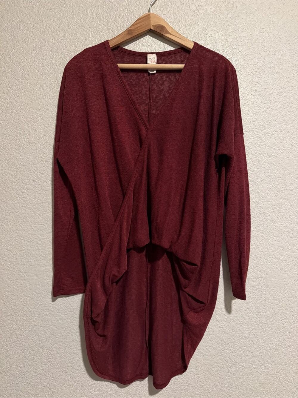 7th Ray Tunic Top Faux Wrap Oversized Pullover Hi Low Burnout Wine Y2k Sz S